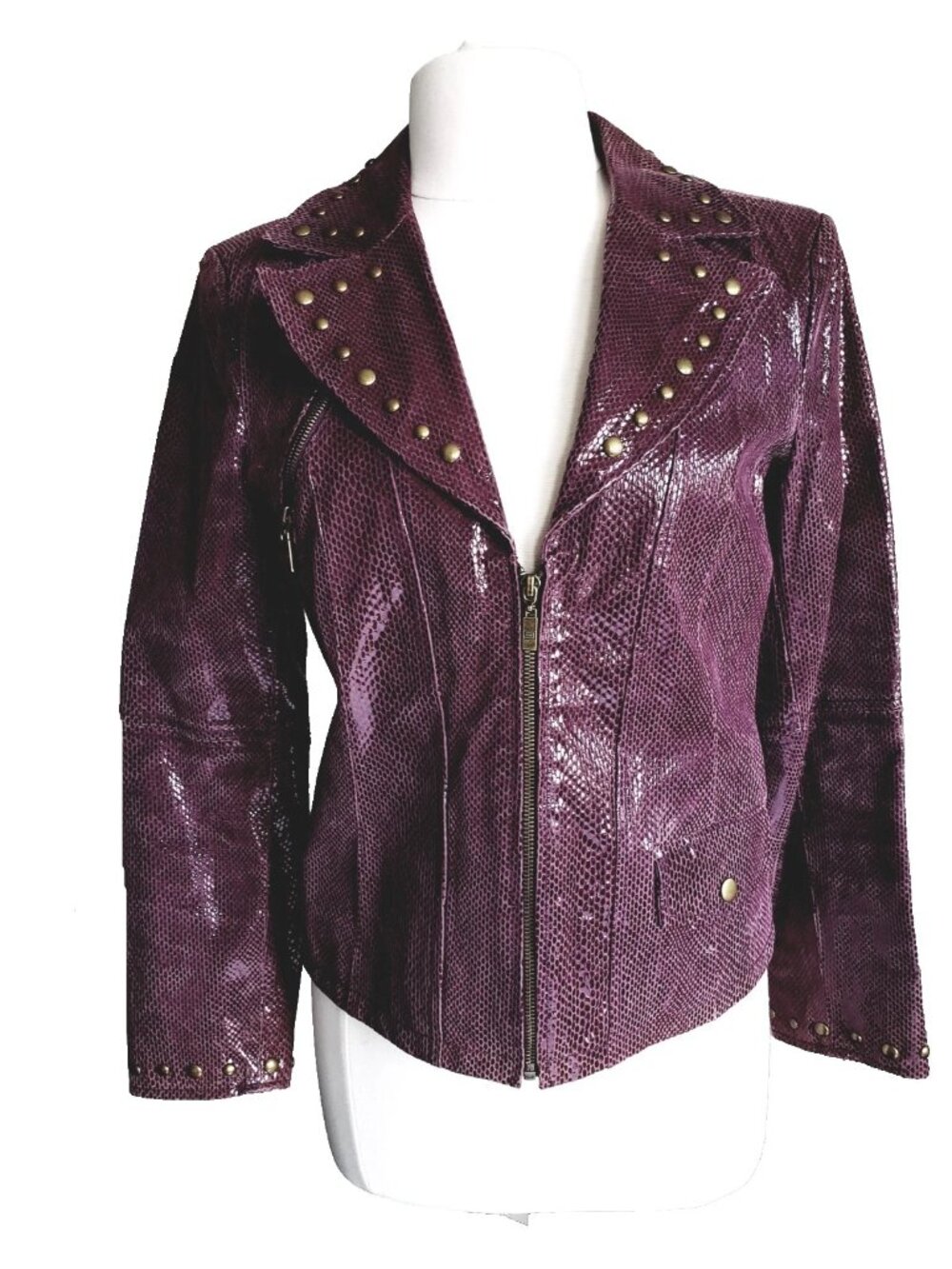 Pamela McCoy Studded Leather Patent Snake Print Purple Biker Moto Jacket